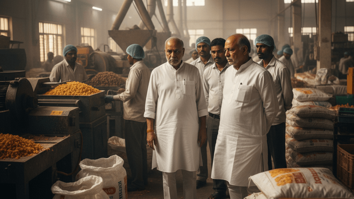 Two men in white kurtas stand amidst a busy snack food factory floor with workers and machinery in the background.