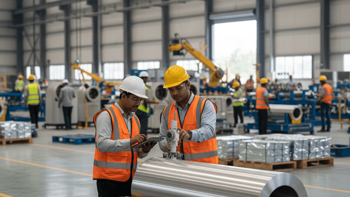 Two engineers, wearing hard hats and safety vests, inspect a large, cylindrical metal ingot in a bustling factory setting.
