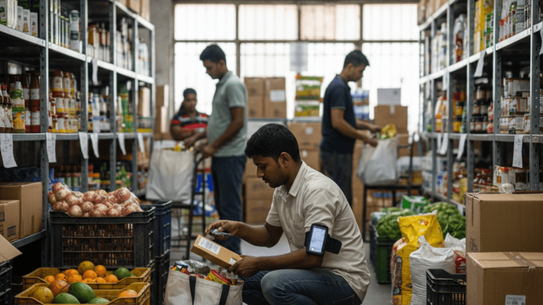 A worker in a micro-fulfillment center squats, scanning a package with a device on his arm, surrounded by shelves of groceries.
