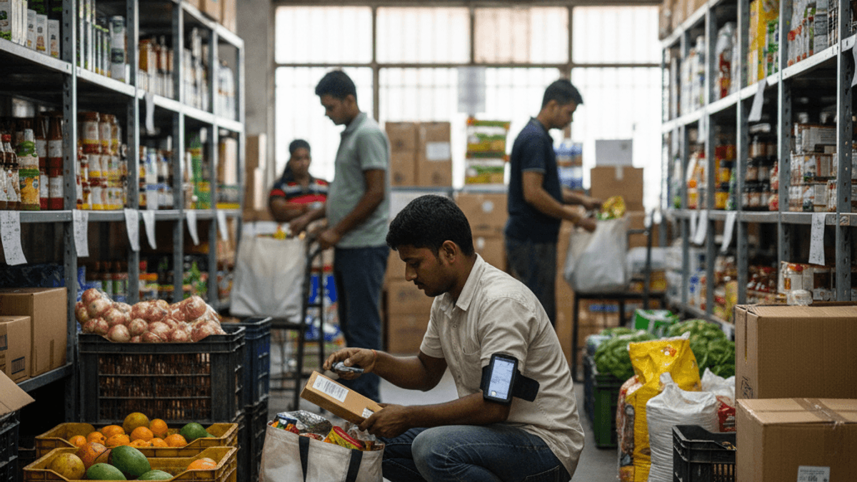 A worker in a micro-fulfillment center squats, scanning a package with a device on his arm, surrounded by shelves of groceries.