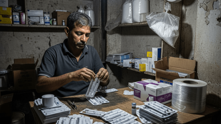 A man with dark hair and a gray shirt sits at a wooden table, carefully packaging medical products under a single bare bulb.