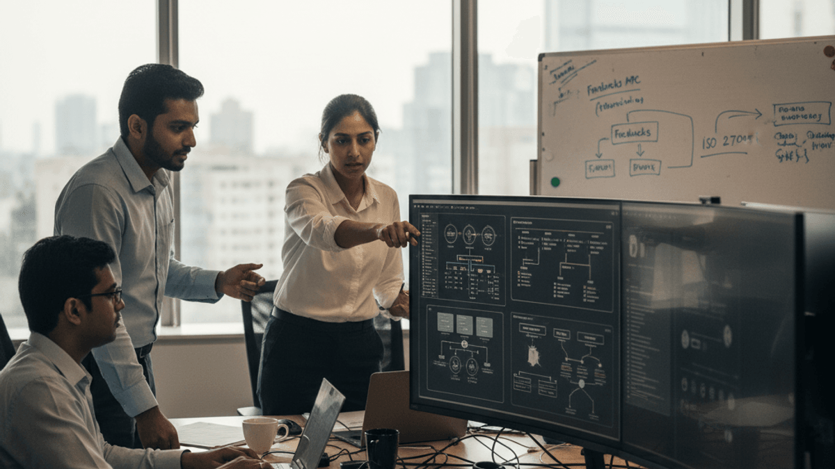 A team of Indian tech professionals intently reviewing complex data on multiple computer screens in a contemporary office setting.