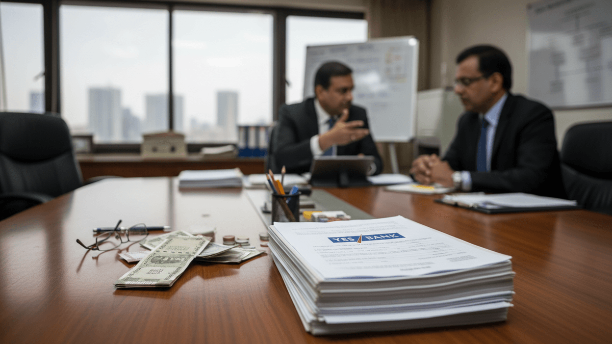 A close-up of a stack of documents and Indian rupees on a dark wooden boardroom table, with two men in suits blurred in the background.