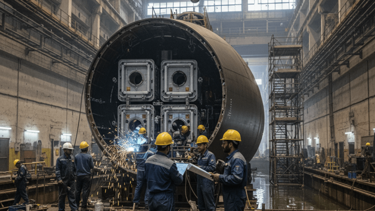 A wide shot inside a large, industrial shipyard shows workers in hard hats and overalls constructing a massive submarine hull.