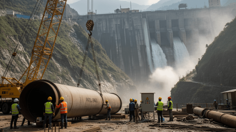 Construction workers in hard hats and vests manage a large pipe being lifted by a crane, with a hydroelectric dam behind them.