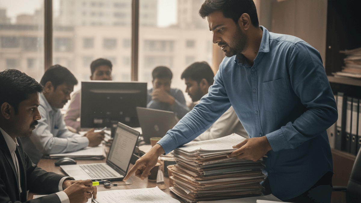 Ajay Nain, looking intently, points to a document while a colleague reviews papers at a desk cluttered with files.