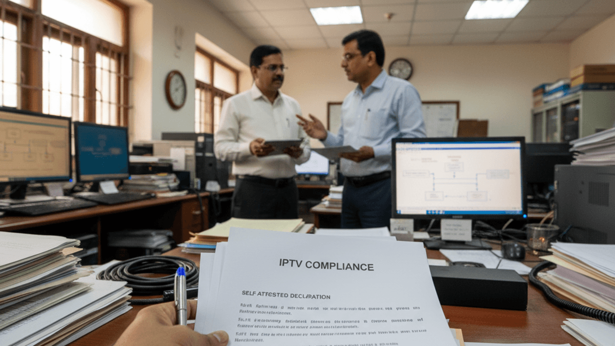A first-person view of hands holding compliance documents on a desk with two officials discussing in the background.