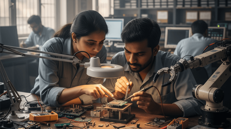 Two Indian engineers in a workshop, one under a magnifying lamp, carefully soldering components onto a circuit board.