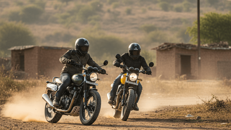 Two riders on scrambler motorcycles ride on a dusty, unpaved road with hills and small structures in the background.