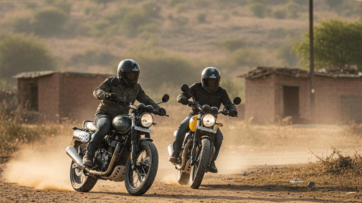 Two riders on scrambler motorcycles ride on a dusty, unpaved road with hills and small structures in the background.
