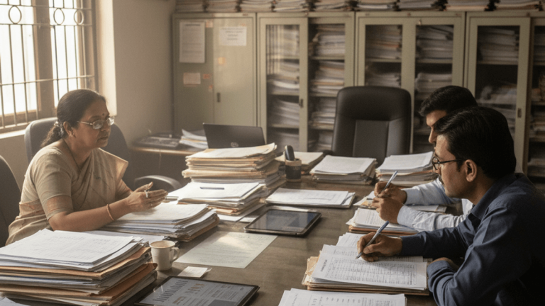 Three officials in a busy office, surrounded by stacks of papers, discussing documents and regulations.