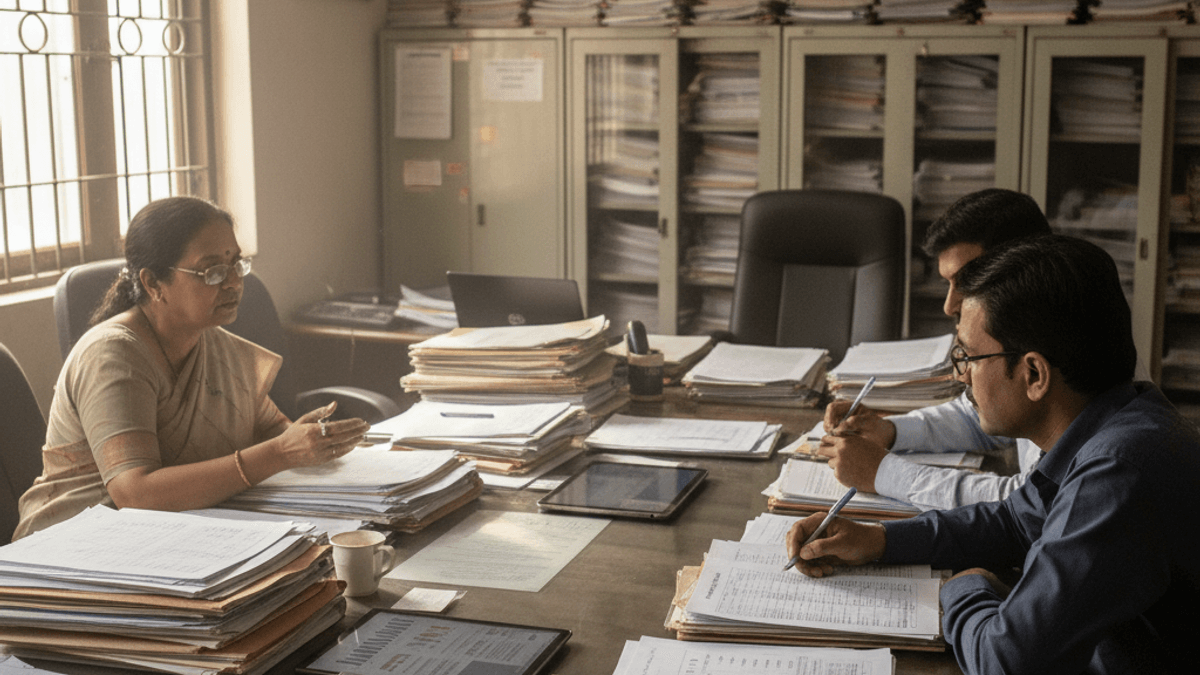 Three officials in a busy office, surrounded by stacks of papers, discussing documents and regulations.