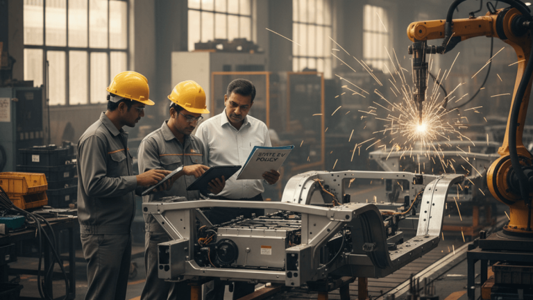 Three men, two in hard hats and one in a white shirt, examine documents next to an EV chassis on a factory floor.