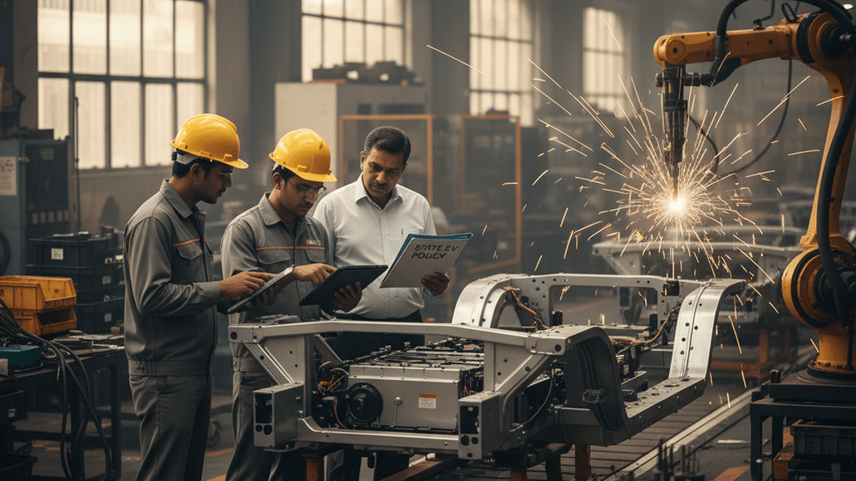 Three men, two in hard hats and one in a white shirt, examine documents next to an EV chassis on a factory floor.