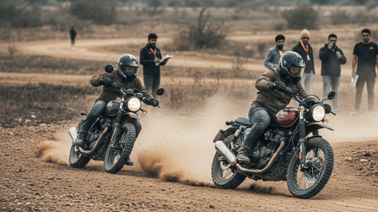 Two riders on scrambler motorcycles race on a dusty track with hills in the background, watched by a group of people.