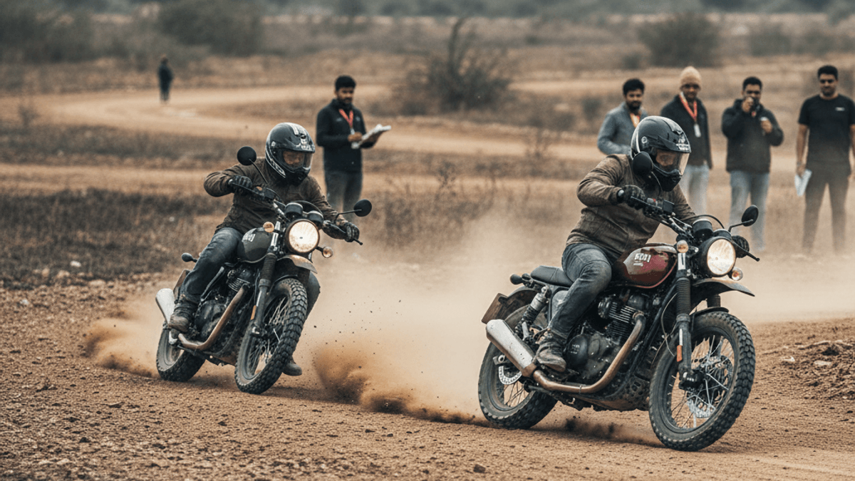 Two riders on scrambler motorcycles race on a dusty track with hills in the background, watched by a group of people.