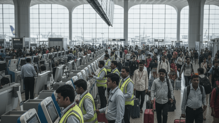 A wide shot inside a modern, busy Indian airport with numerous passengers checking in and walking, and ground staff assisting.