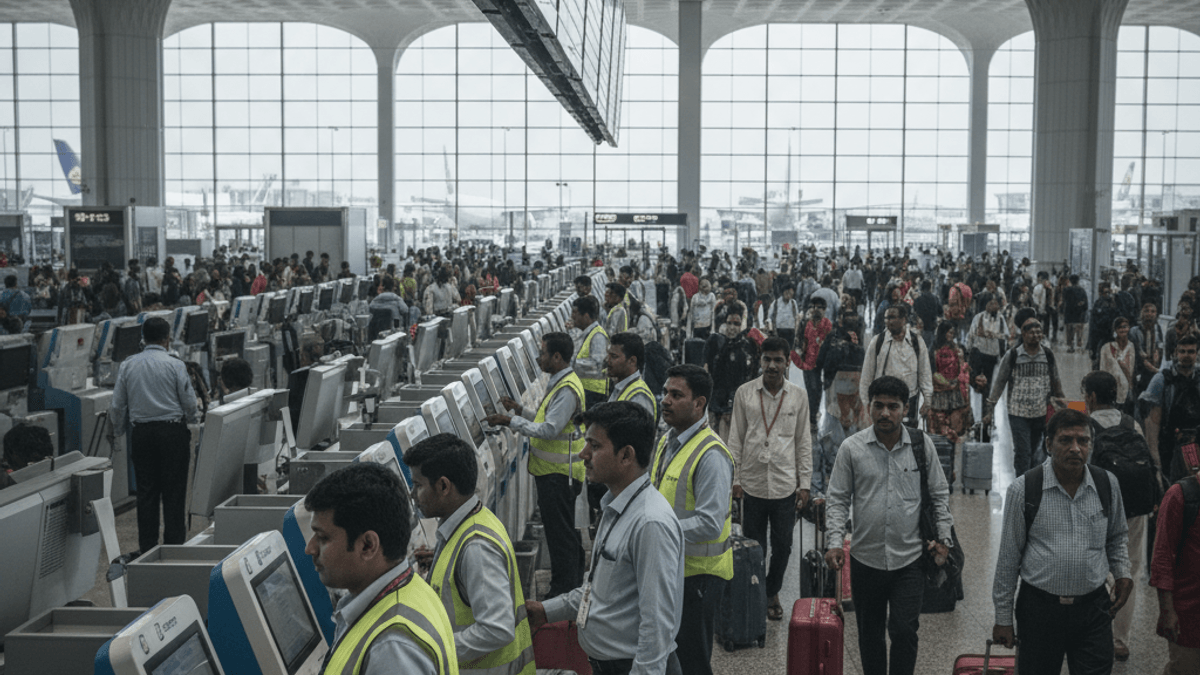 A wide shot inside a modern, busy Indian airport with numerous passengers checking in and walking, and ground staff assisting.