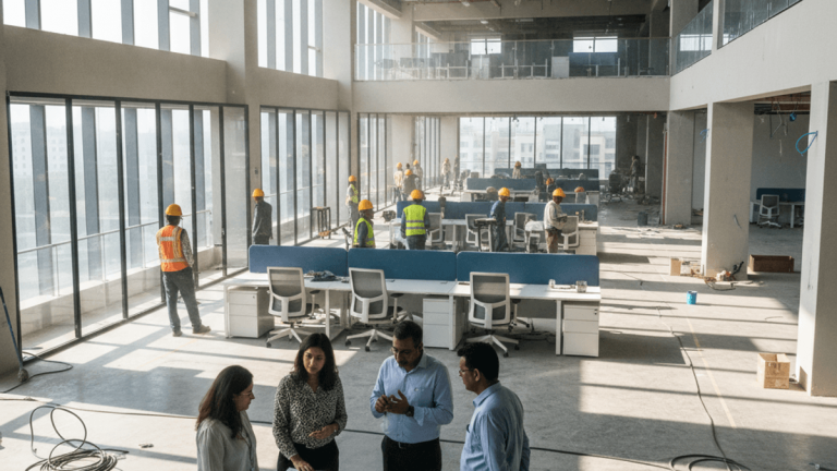 An expansive, sunlit office floor under construction, with architects discussing blueprints amidst workers.