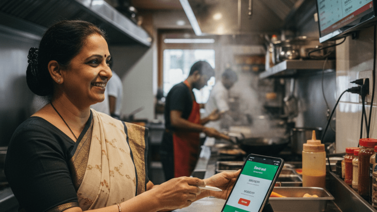A restaurant owner in a bustling kitchen smiles while updating prices on a tablet, symbolizing recent policy changes.