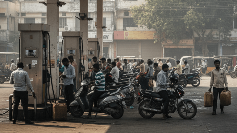 A busy scene at an Indian fuel station with many people, motorcycles, and jerry cans under a concrete canopy.