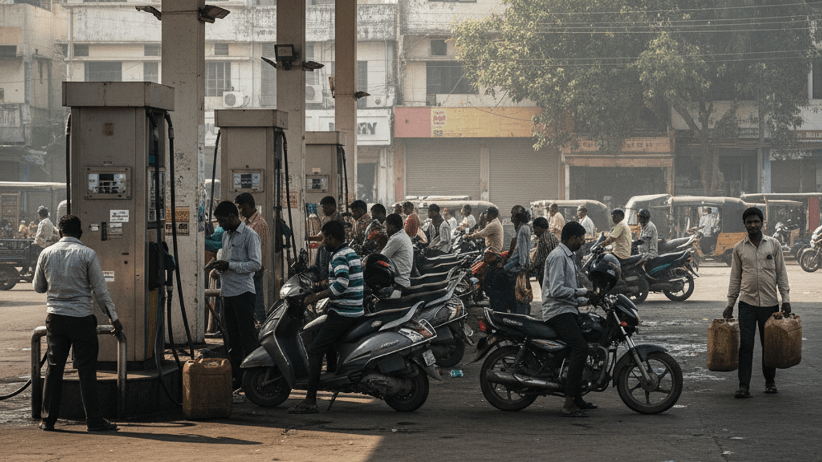 A busy scene at an Indian fuel station with many people, motorcycles, and jerry cans under a concrete canopy.