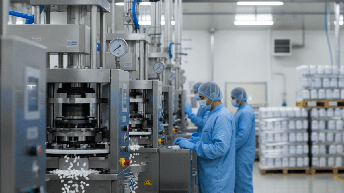 Workers in blue cleanroom suits monitor a pharmaceutical capsule manufacturing line, with white capsules flowing into bins.