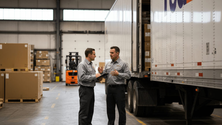 Two men in work uniforms stand and talk next to a large white semi-truck trailer with its back open, revealing stacked boxes.