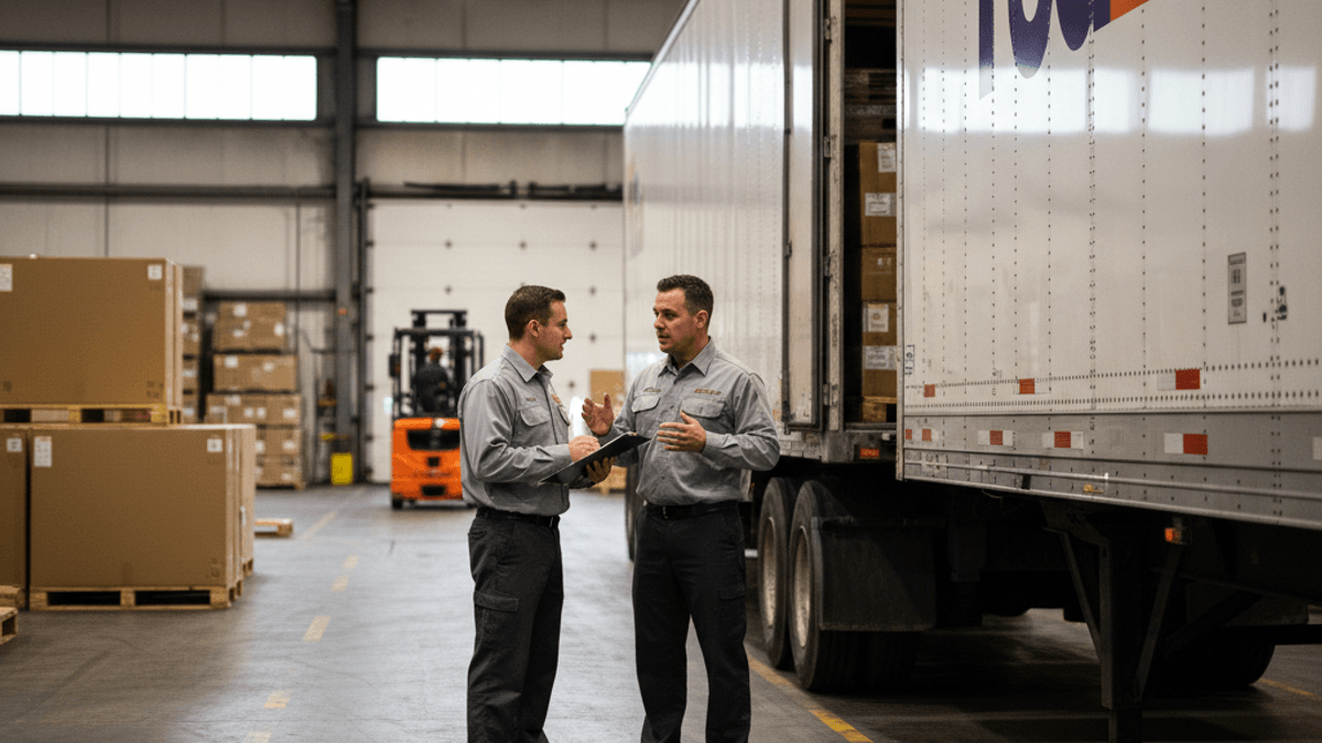 Two men in work uniforms stand and talk next to a large white semi-truck trailer with its back open, revealing stacked boxes.