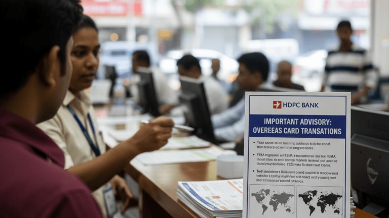 A bank employee at a counter gestures while speaking to a customer, with an advisory sign on overseas transactions visible.