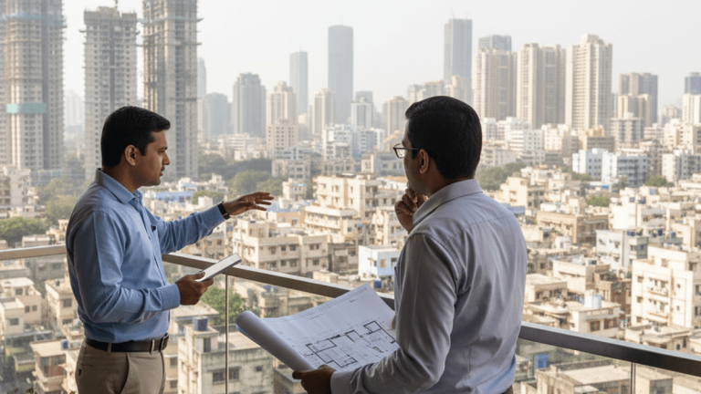 Two men, one holding blueprints, discuss property plans on a balcony with a sprawling cityscape in the background.