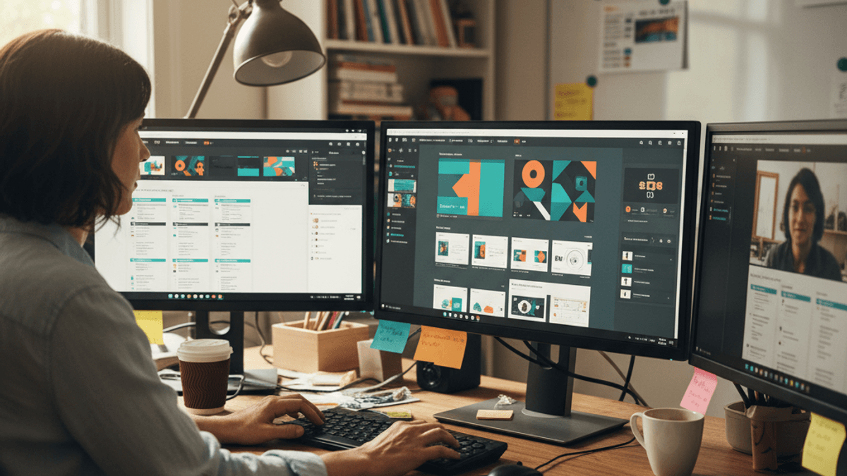 A woman at a desk in a home office, focused on three computer monitors displaying presentation background designs and a video call.