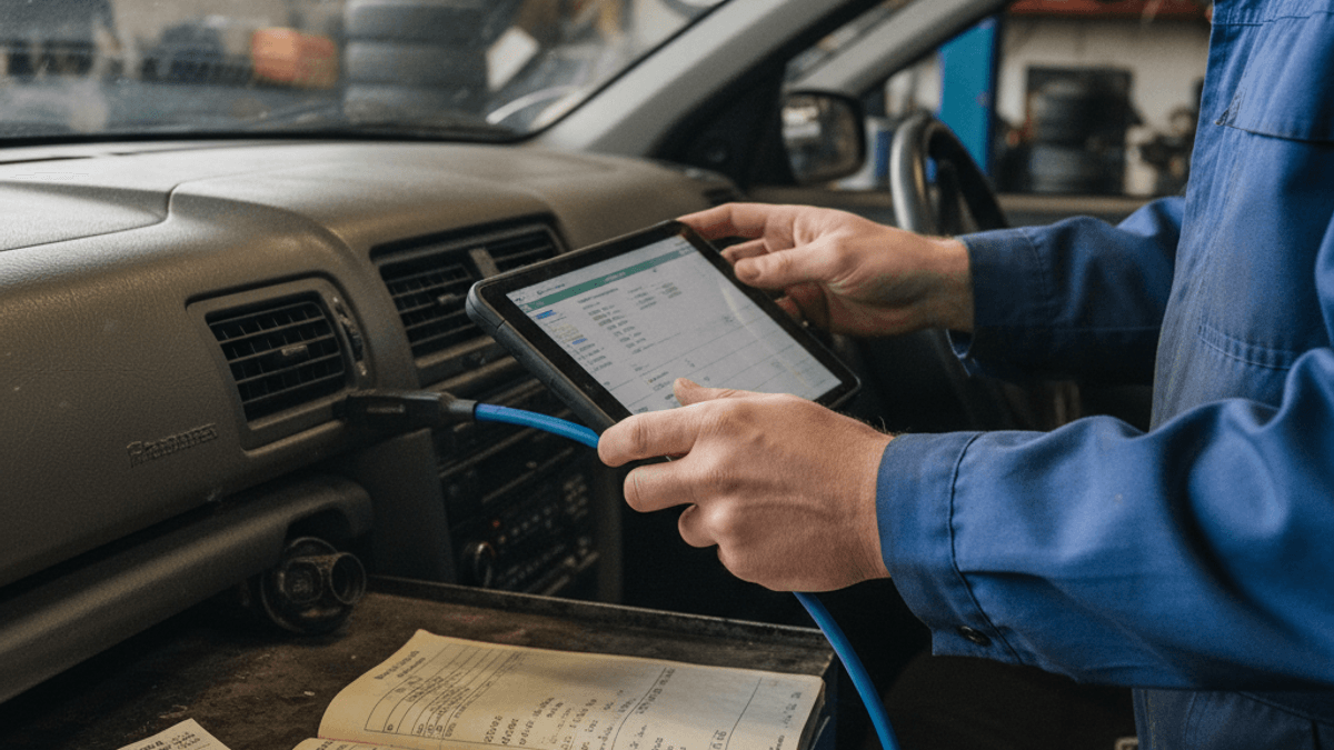 A mechanic in blue overalls uses a tablet connected to a car's OBD-II port, with a maintenance logbook open nearby.
