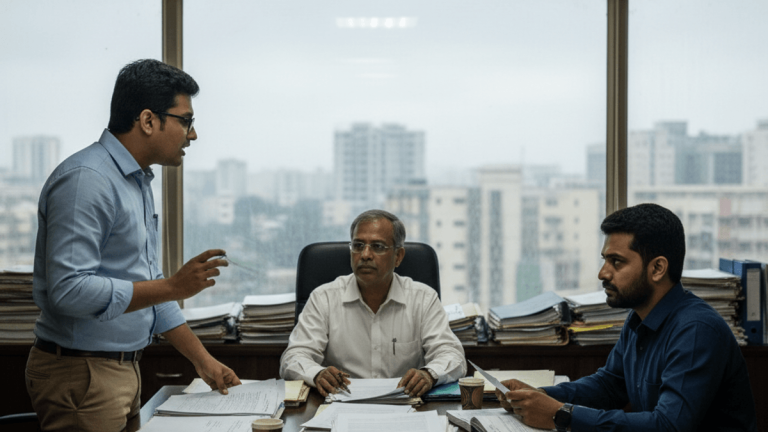 Three men engaged in a serious discussion around a large, document-strewn conference table in a sunlit office.