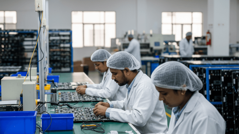 A row of technicians in hairnets and lab coats meticulously assemble LED circuit boards on a green workbench inside a bright factory.