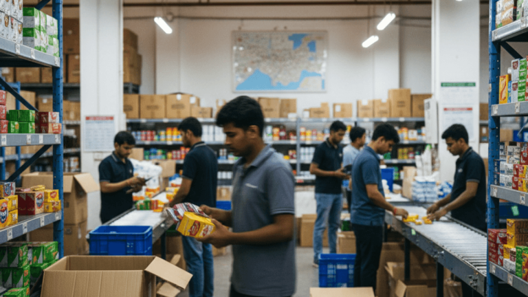 A candid shot of multiple workers in an Indian warehouse picking and packing products for quick commerce.