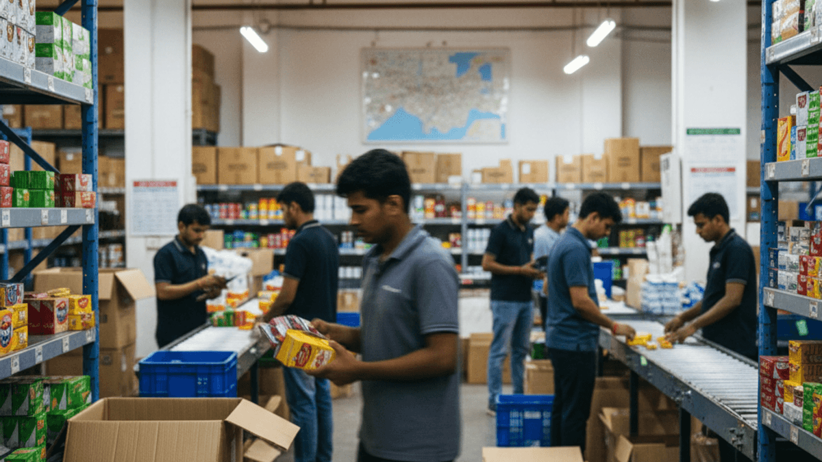 A candid shot of multiple workers in an Indian warehouse picking and packing products for quick commerce.