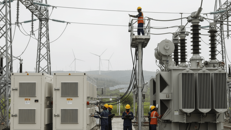 Indian power technicians in hard hats and safety gear work on large electrical components at a transmission substation, with wind turbines in the background.