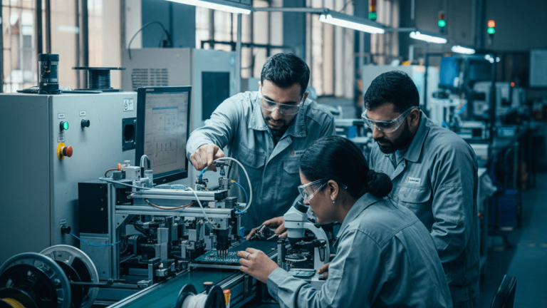 Three engineers in a manufacturing facility, two men and one woman, working intently on an electronic assembly line.