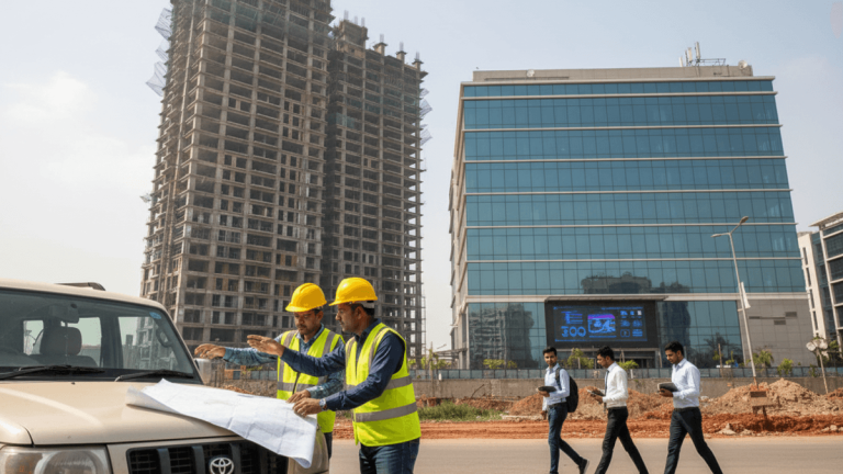 Two engineers in hard hats and vests review blueprints on a car hood, while three men walk past modern buildings in Noida.