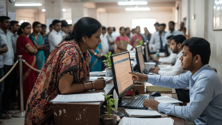 A woman in a patterned sari leans over a counter, talking to a man in a blue shirt who points at a computer screen.