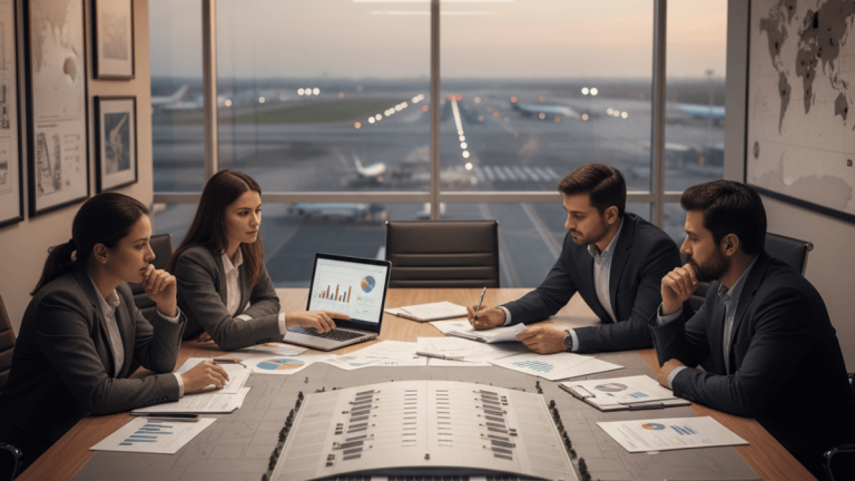 Four executives in a dimly lit conference room with an airport model, overlooking an active runway at sunset.