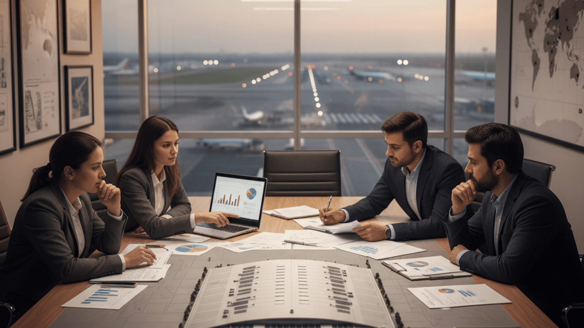Four executives in a dimly lit conference room with an airport model, overlooking an active runway at sunset.