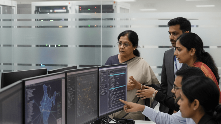 An Indian Finance Minister, Nirmala Sitharaman, discusses cybersecurity with a team of banking professionals in a data center.