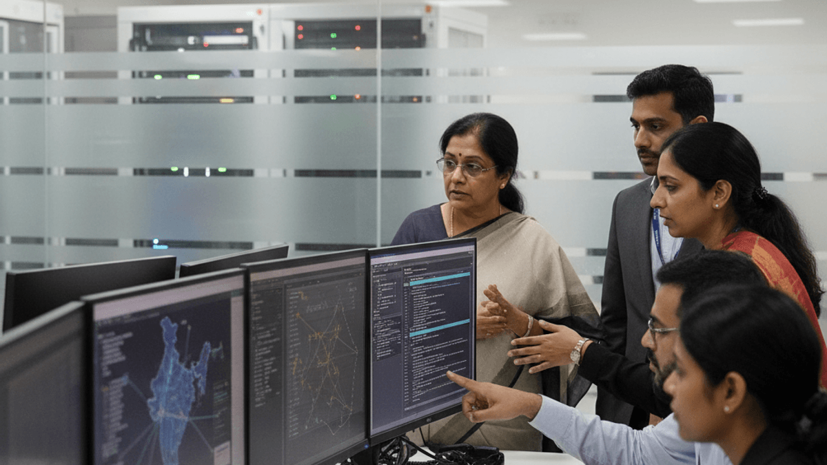 An Indian Finance Minister, Nirmala Sitharaman, discusses cybersecurity with a team of banking professionals in a data center.