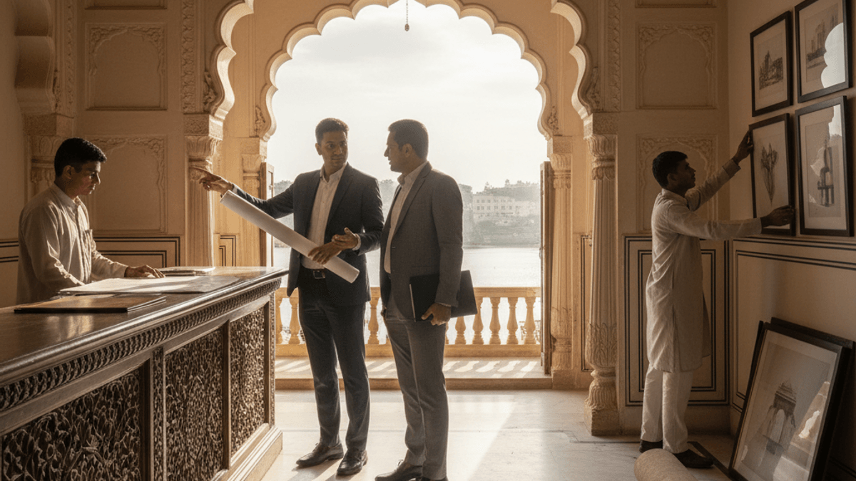 Two men in suits discuss blueprints in a luxurious hotel lobby with an arched doorway overlooking a lake; staff hang art.