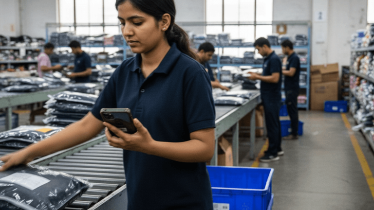 A young woman in a dark polo shirt scans a package on a conveyor belt in a large, active warehouse. Other workers are visible in the background.