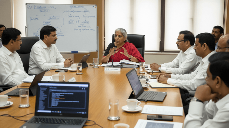 Nirmala Sitharaman, in a red sari, speaks at a conference table to a group of men in white shirts.