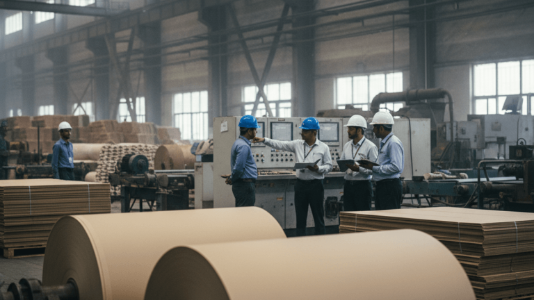 A wide shot inside a paper factory, showing large rolls of paper, stacks of finished boards, and a group of engineers discussing plans.
