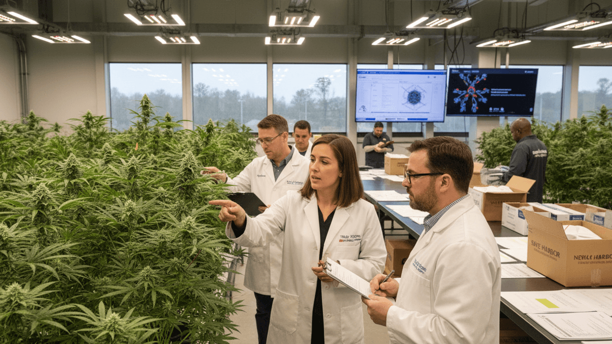 Researchers in lab coats inspect cannabis plants under LED lights, with others working in the background.